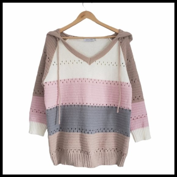 Misslook Hooded Vneck Knitted Wool Eyelet Colourblock Sweater - Picture 1 of 13